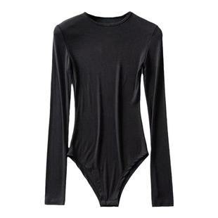 欧美长袖t恤女ins超火网红秋季圆领连体衣弹性紧身上衣黑色打底衫