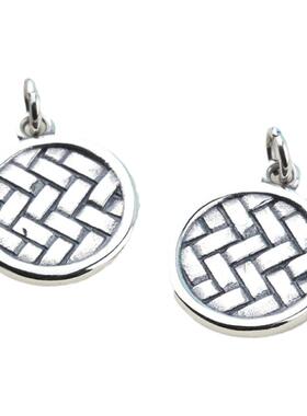 复古吊牌编织纹圆牌吊坠S925纯银