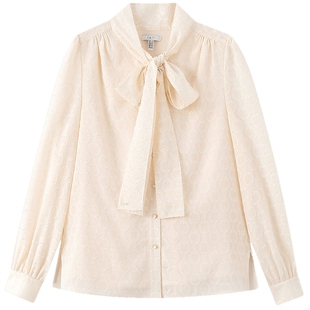 FINTIY菲妮迪衬衫2026春秋季新款飘带领抽褶设计感剪花通勤小衫女