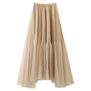 仙气十足！高定重工压褶蓬蓬欧根纱高腰A字百褶裙飘逸雪纺仙女裙