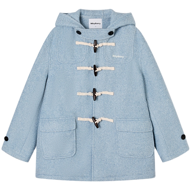 WhyBerry 24AW“泡芙学院”蓝色牛角扣大衣秋冬复古加厚毛呢外套