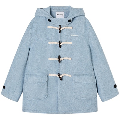WhyBerry 24AW“泡芙学院”蓝色牛角扣大衣秋冬复古加厚毛呢外套