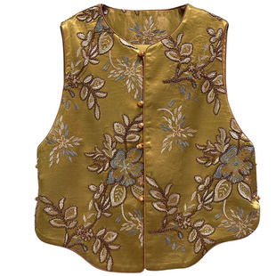 新中式风金色重工刺绣花卉圆领背心女坎肩高级感气质百搭国风马夹