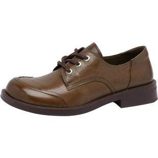 沙驰女鞋复古系带单鞋乐福鞋女中跟2026春夏季新款牛皮粗跟通勤鞋