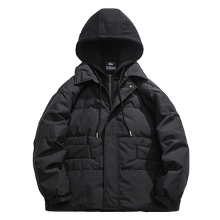 马切达冬季假两件连帽羽绒服男女情侣复古冬装美式加厚工装外套潮