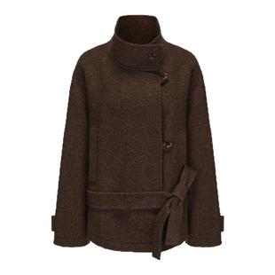 LACERTA 2025秋季新款立领绑带羊毛双面呢短大衣纯色老钱风外套