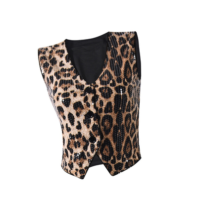 Leopard print cardigan sequined vest豹纹开衫亮片背心珠片上衣