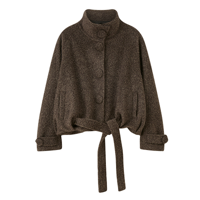 DIDDI MODA 花苞立领呢子羊驼毛混纺保暖挺括毛呢大衣女短款