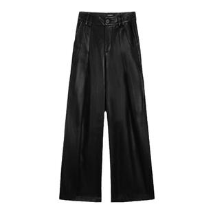 辰米范 黑色高腰直筒皮裤女新款高级感pu机车阔腿裤休闲西装裤子