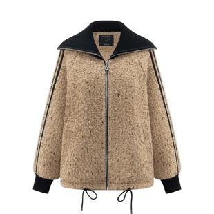 艾莱依短款休闲羽绒服女新款时尚拼接流行针织翻领高级绵羊毛外套