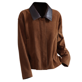 海宁真皮皮衣女2025秋冬新短款撞色显瘦时尚绒面绵羊皮夹克小外套