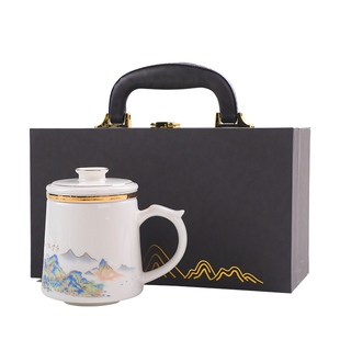 羊脂玉茶杯陶瓷茶水分离杯办公室带盖过滤泡茶马克杯会议送礼定制