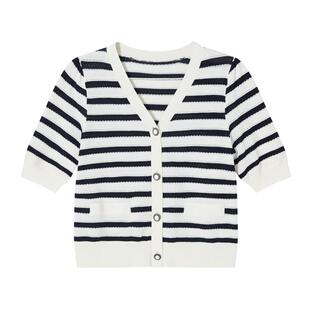 【亲肤透气】MSLAN春季黑白V领条纹收腰针织开衫外套女MFBV2301