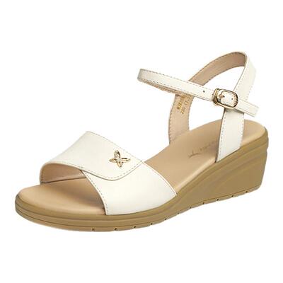 红蜻蜓真皮软底坡跟妈妈凉鞋