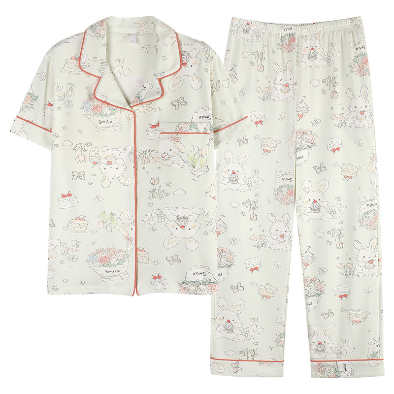 夏季桑蚕丝纯棉带胸垫女睡衣套装