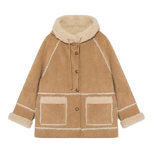 范洛Fano 冬季加厚连帽仿羊羔毛皮毛一体外套女复古麂皮绒短外套