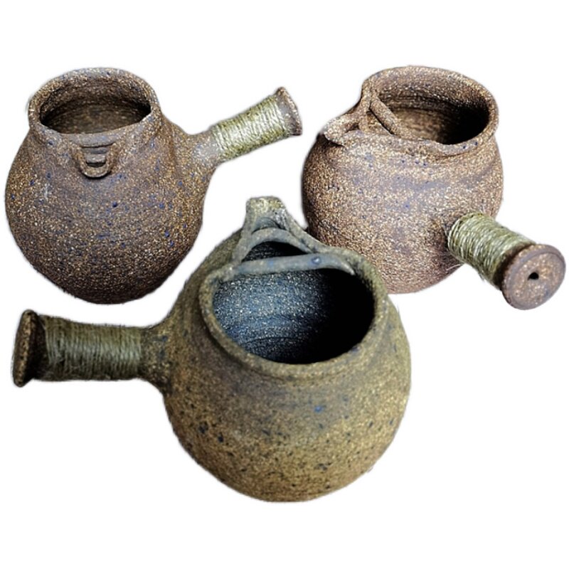 云南粗陶烤茶罐全手工复古柴窑煤烧餐饮具茶具侧把大理煮茶器透气