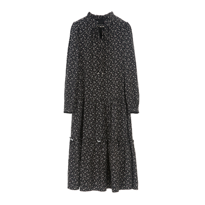 SOMSOM/索玛法式赫本风黑色碎花长袖连衣裙女高级感收腰V领长裙子