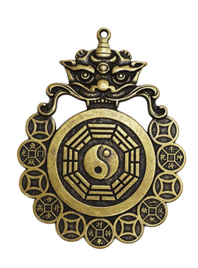 纯黄铜瑞兽山鬼花钱八卦镜挂件家用纯黄铜太极八卦铜镜门对门挂件