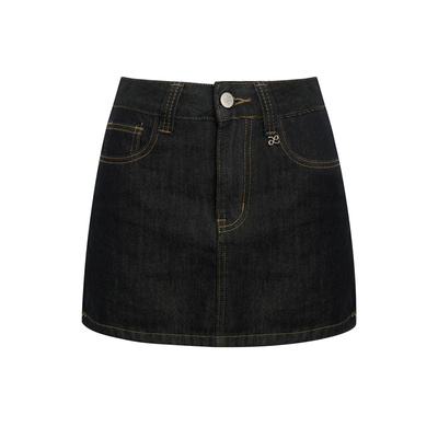 格纹包边水洗牛仔直筒短半裙