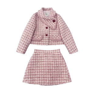 小童木 法式复古女童小香风套装冬季中大童格纹夹棉外套半身裙套