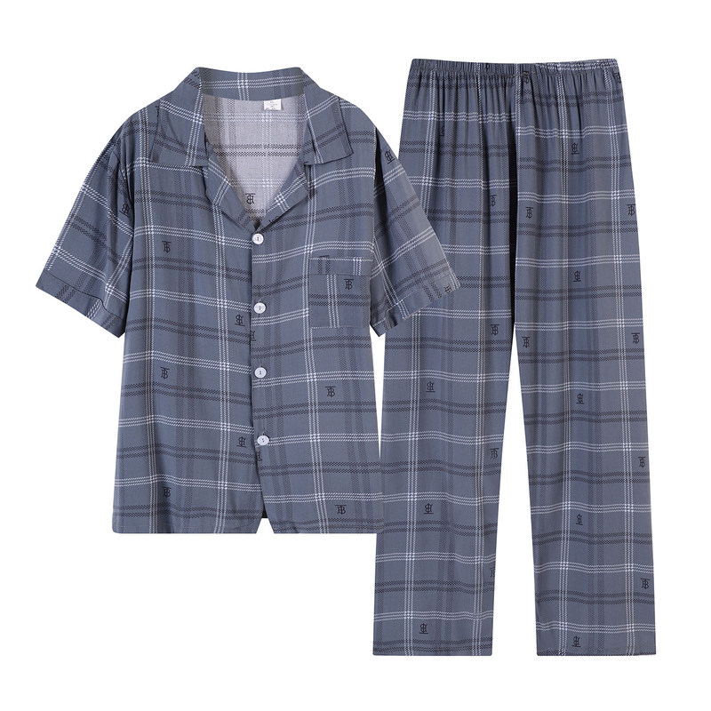 棉绸睡衣男夏季短袖长裤开衫纽扣加肥大码人造棉可外穿家居服套装
