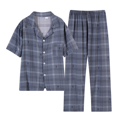 棉绸睡衣男夏季短袖长裤开衫纽扣加肥大码人造棉可外穿家居服套装