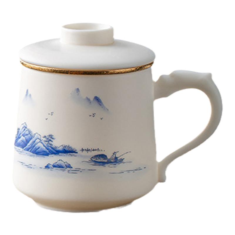 羊脂玉白瓷带盖过滤高级茶杯描金陶瓷茶杯家用水杯办公杯礼品定制