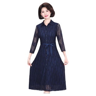 妈妈春装裙子遮肚系带打底洋气中年女士蕾丝连衣裙过膝长款