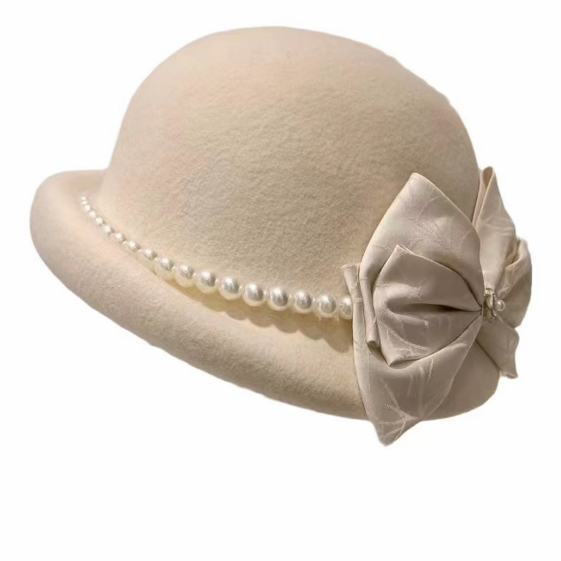 千金帽白富美全澳毛珍珠蝴蝶结礼帽女2025年冬赫本风优雅定型盆帽