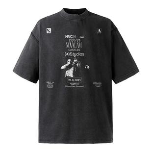 NOVACAM 美式复古vintage裂纹印花反缝线做旧水洗黑宽松短袖T恤