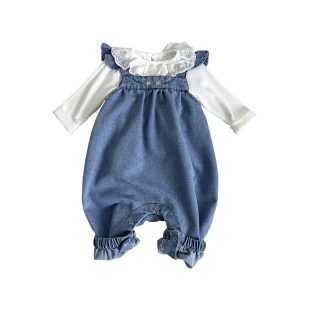 婴儿春秋装女宝宝荷叶边内搭上衣牛仔背带裤套装女童打底衫两件套