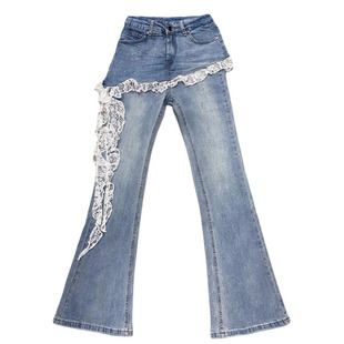 李李服饰法式蕾丝花边微喇牛仔裤女26冬款假两件高腰显瘦拖地裤子