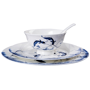 景德镇青花瓷碗碟套装家用骨瓷餐具吃饭碗菜盘组合釉中彩可微波炉