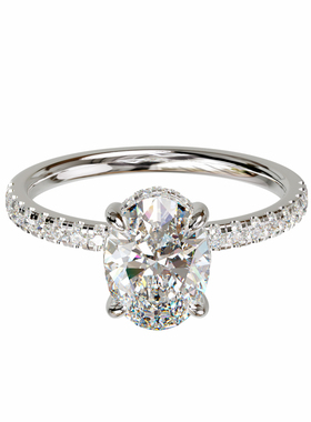 18K金椭圆主石四爪底托围镶满圈光面戒轻奢小众设计感婚戒可定制