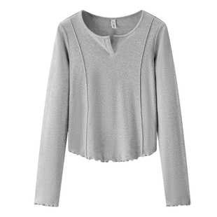 [商场同款]森马长袖T恤女短款纯色紧身显瘦2025春新款木耳边上衣