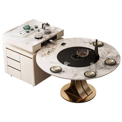 岛台餐桌一体可伸缩家用方变圆桌倒台可分离高端高级圆形岩板餐桌