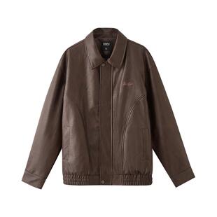 三福2025冬季男士英文刺绣PU皮衣夹克舒适加绒保暖翻领外套509997