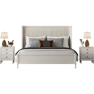 美式实木床白色1米8法式奶油风主卧双人床储物大床现代轻奢百褶床