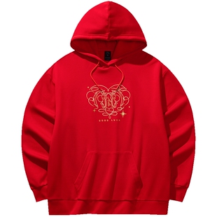 安踏好事发生新年卫衣女款冬季新款加绒保暖连帽套头衫红色上衣女