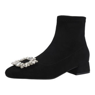 秋冬方头方扣水钻粗中跟黑色仙女百搭通勤职业短靴法式复古瘦瘦靴