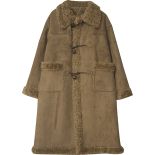 复古风仿麂皮绒牛角扣大衣女中长款加绒毛绒外套2025冬季新款G607