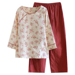 甜美古风睡衣女纯棉纱布薄款春秋季国风长袖长裤套装胭脂扣家居服