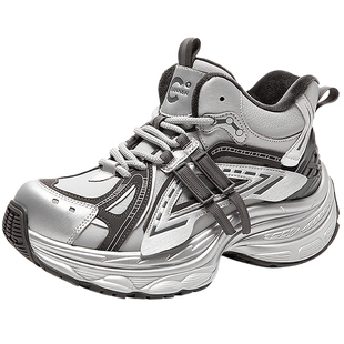 千百度银色厚底老爹鞋女2025冬季新款加绒保暖增高时尚运动休闲鞋