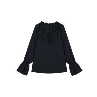 pusumede【现货6折】法式荷叶边长袖衬衫女喇叭袖设计感雪纺上衣