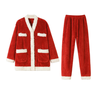 可人儿冬季保暖长毛绒睡衣女韩系女主结婚本命年珊瑚绒家居服套装