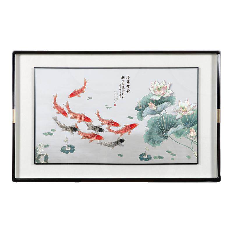 手工铜板雕刻荷花九鱼图餐厅挂画