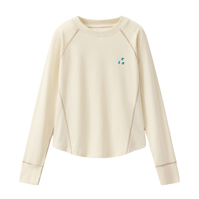 云上生活【慢享T】撞色压线插肩袖显瘦米色字母长袖女T恤短款上衣
