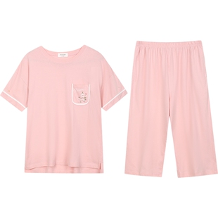 【秋鹿亏本大清仓】短袖七分裤睡衣女夏天纯棉薄款夏季家居服套装