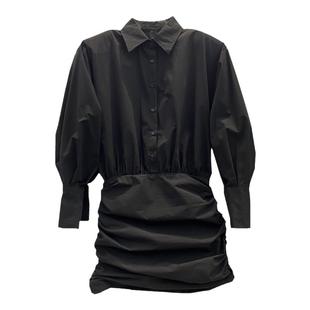 特价秋装新款白色轻奢高级感衬衫式长袖连衣裙小个子褶皱包臀短裙